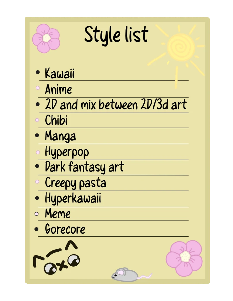 Illustrated list of Effy's available art styles